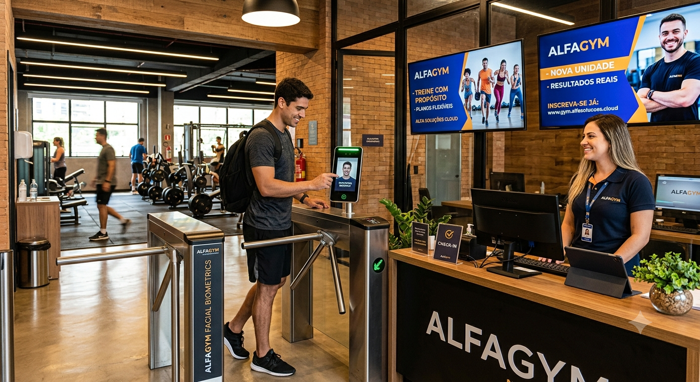 Aluno fazendo check-in facial na catraca da academia