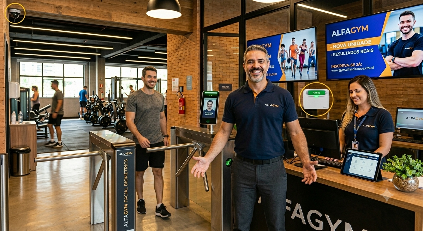 Equipe e gestor na recepção da academia com catraca AlfaGym