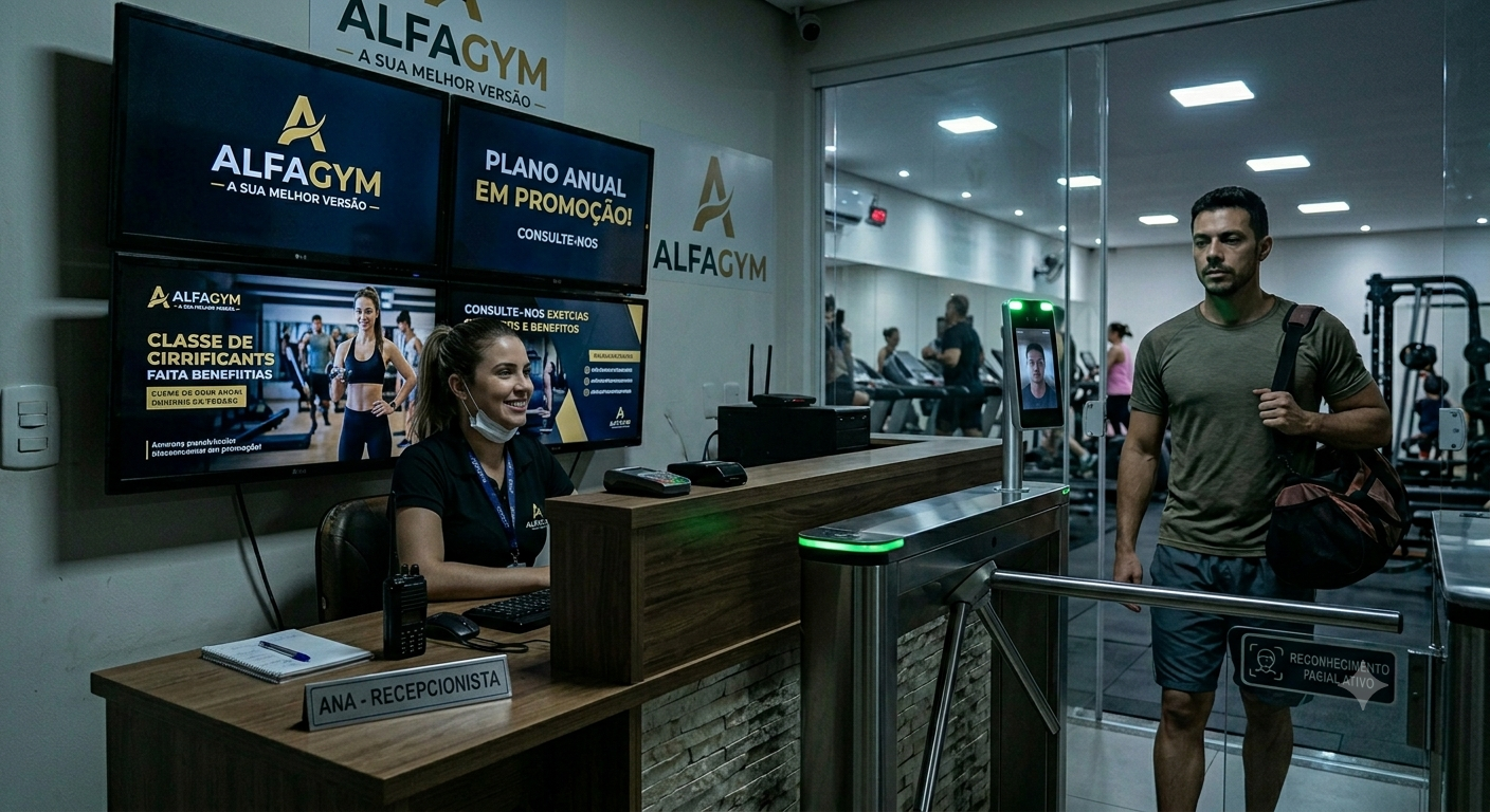 Recepcionista atendendo aluno na entrada da academia