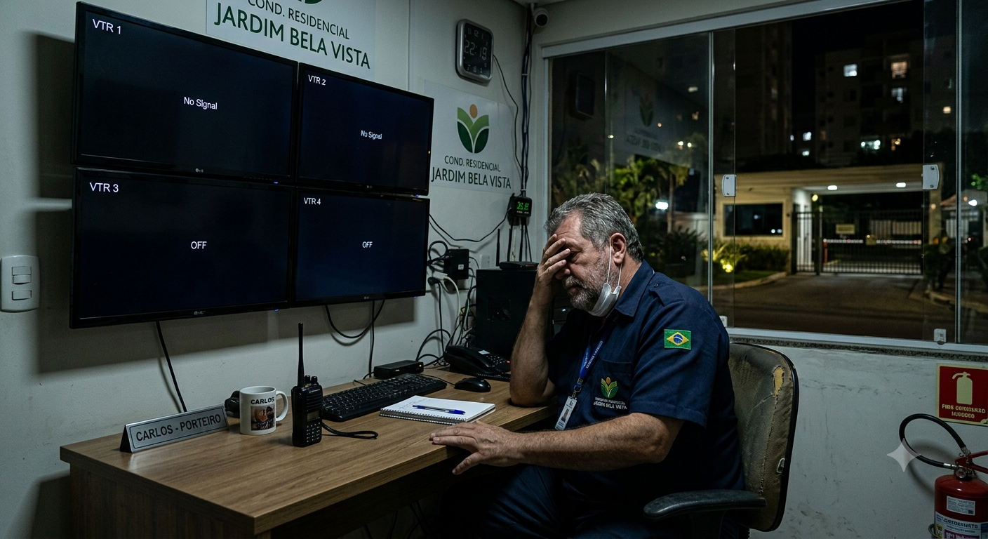 Porteiro com a cabeça nas mãos diante de monitores apagados