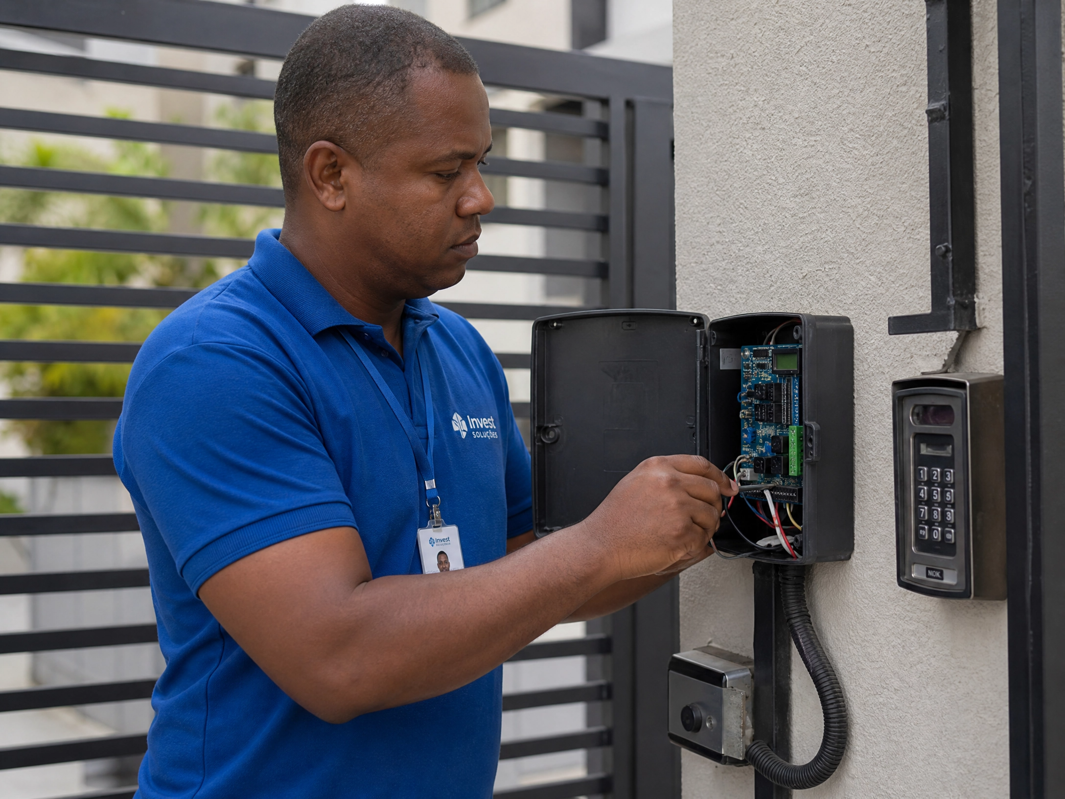 Técnico da Invest fazendo manutenção no controle de acesso