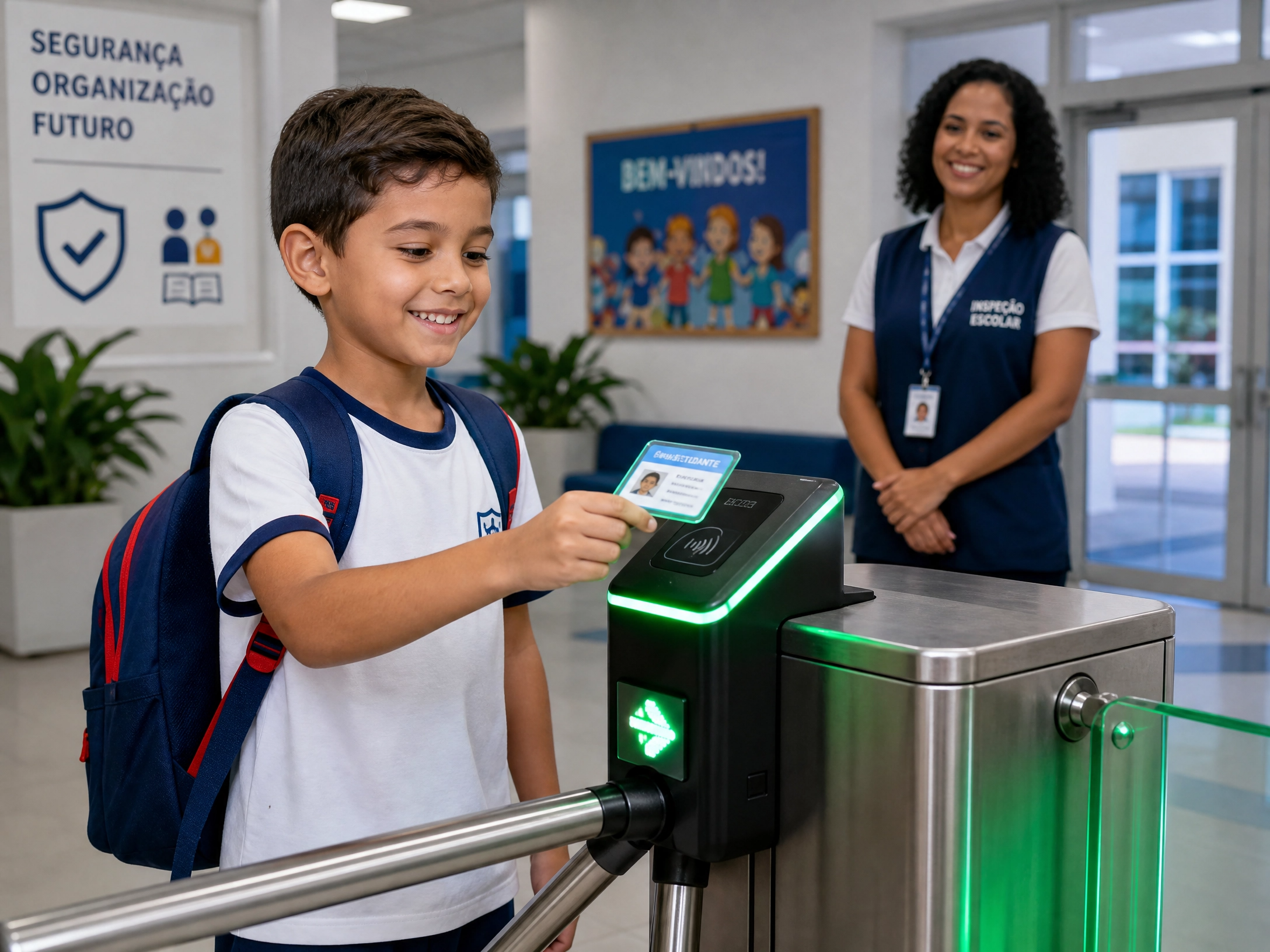 Aluno de uniforme fazendo check-in na catraca