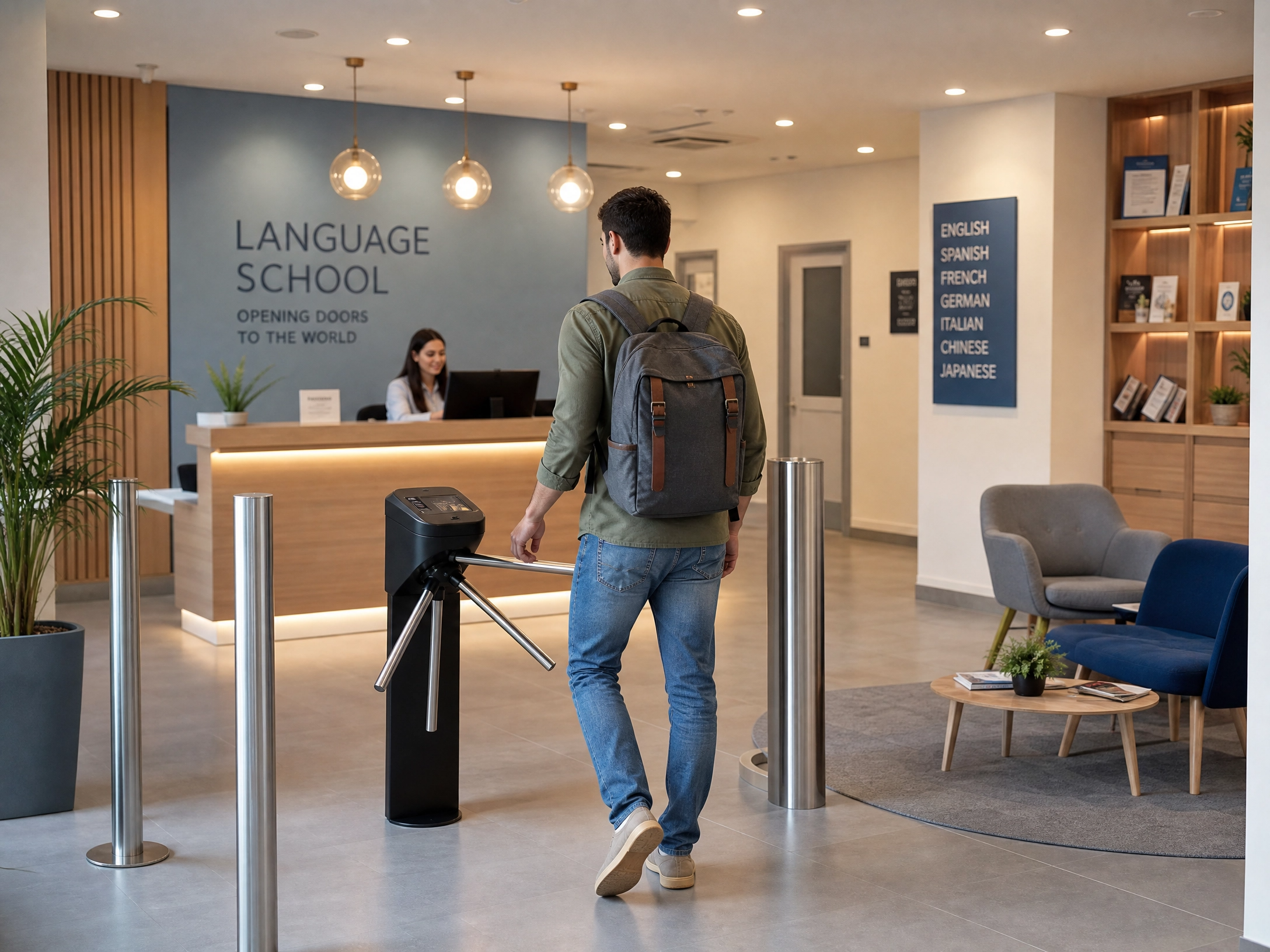 Catraca na recepção de uma escola de idiomas